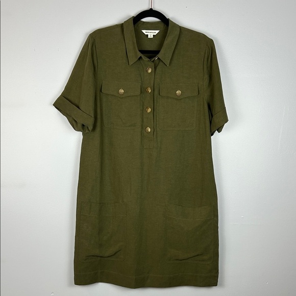 Whistles Utility Linen Blend Button Detail Pockets Shift Dress Size 12 Khaki - Picture 3 of 14